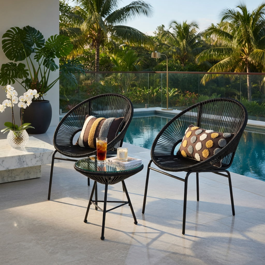 Hommoo 3-Piece Outdoor Acapulco Bistro Set, PE Rope Chairs + Tempered Glass Table for Patio, Yard & Poolside, Black