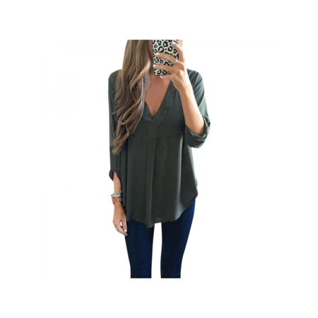 Topumt Women V Neck Loose Tops Oversize Solid Long Sleeve Casual Blouse T Shirt