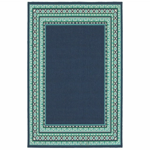 homeroots home decor 388675 5’x8’ Navy and Green Geometric Indoor Outdoor Area Rug