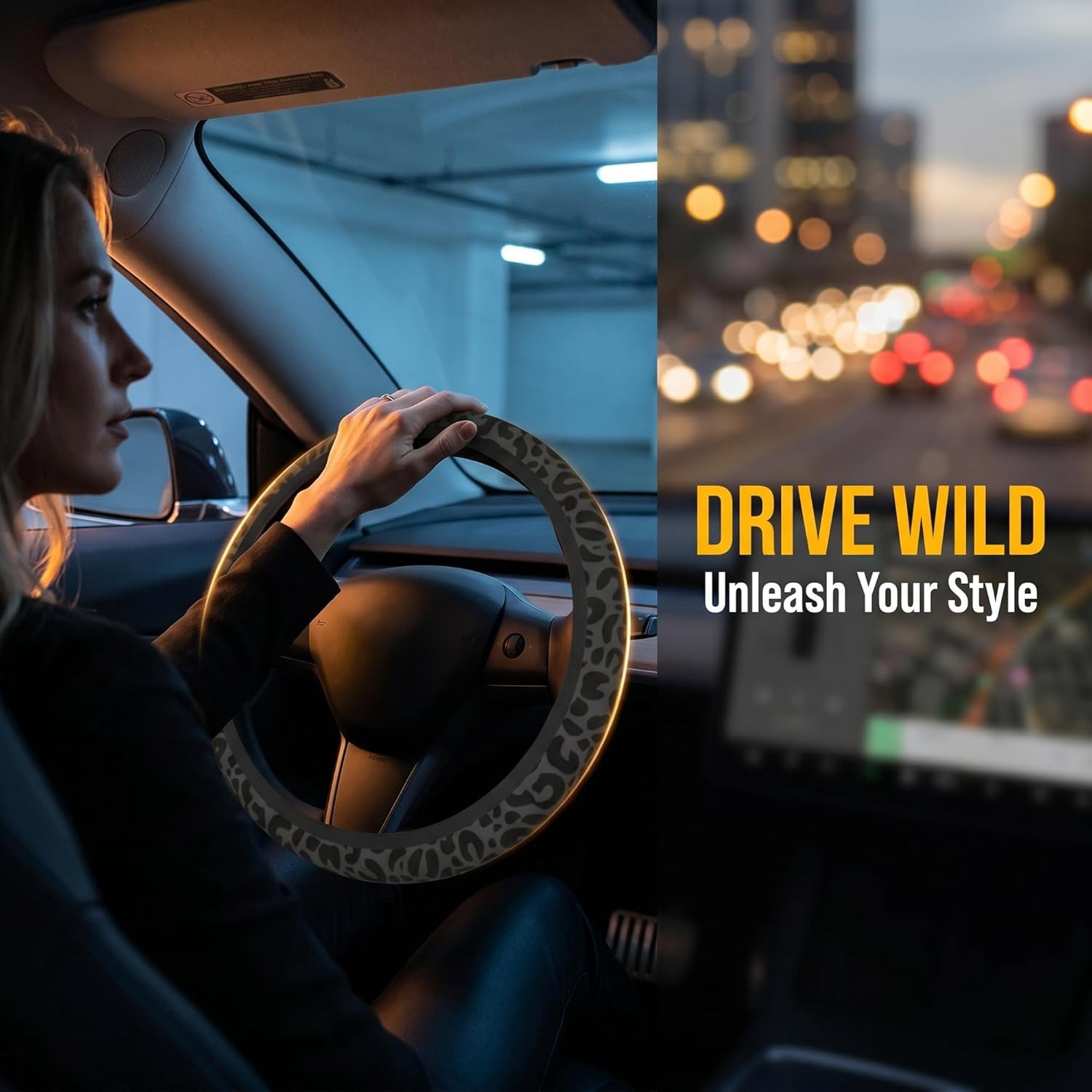 Black Leopard Print Steering Wheel Cover for Women,Universal 14-15 Inch Anti-Slip Breathable with 2 Pieces Car Coasters Cheetah Animal Print Car Wheel Cover Accessories
