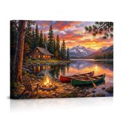 Mountain Lake Cabin With Campfire At Sunset Serene Wilderness Retreat Rustic Adventure For Home Canvas