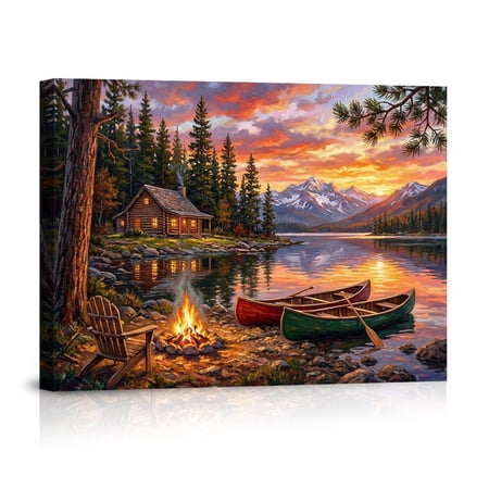 Mountain Lake Cabin With Campfire At Sunset Serene Wilderness Retreat Rustic Adventure For Home Canvas