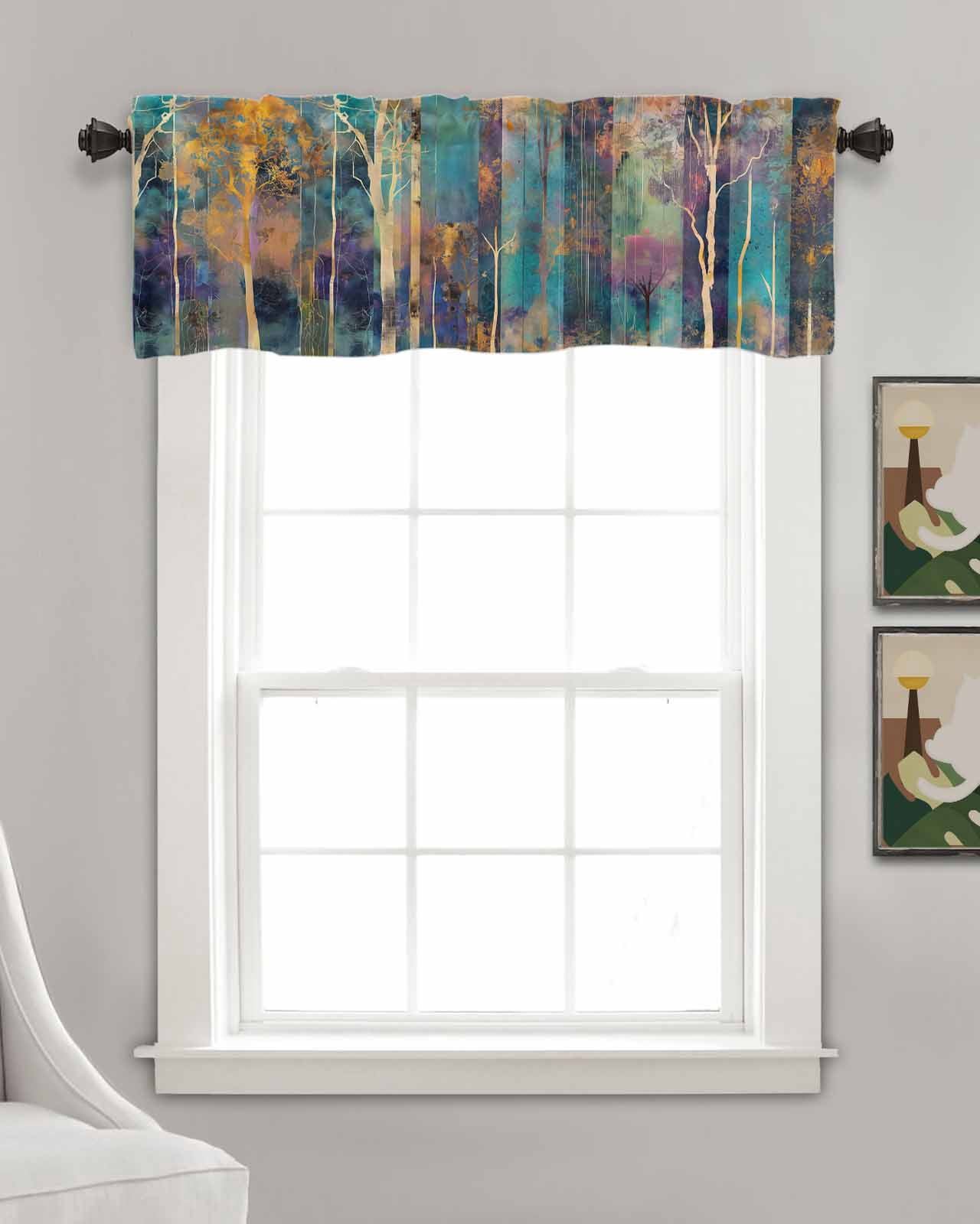 Abstract Tree Linen Curtain Valance for Bedroom/Bathroom/Kitchen/Office/Living/Dining Room Window,Contemporary Graffiti Painting Art Sunset Rod Pocket Topper Decorative Cafe Drapes Panel 54"x18"