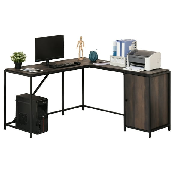 HomCom L-Shaped Computer Corner Desk with Storage Cabinet, Adjustable Shelf, Large Tabletop and Black Steel Frame, Brown
