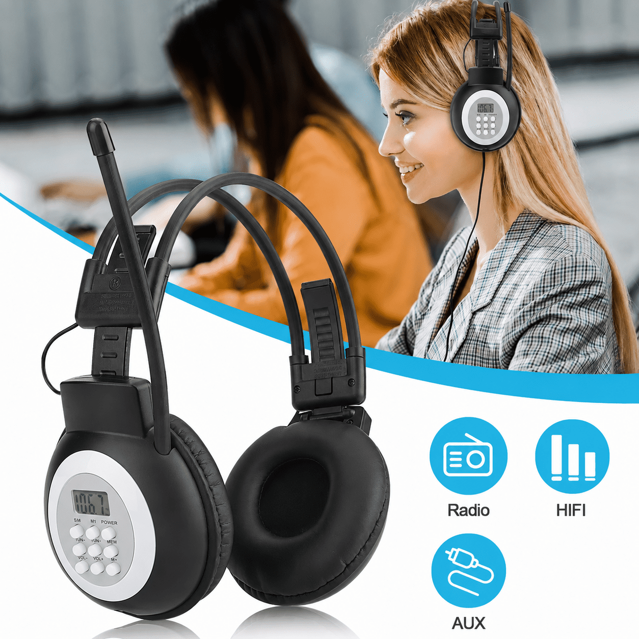 Personal FM Radio Headphones with Best Reception, TSV Wireless FM Radio Headset Ear Muffs Powered by AA Battery - Black