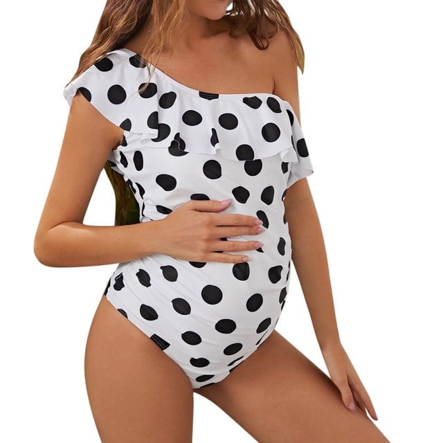 PEASKJP Maternity One Piece Swimsuits Ruffle Flounce Swimwear Halter Bikini Swimsuit Deep V Neck Bathing Suits, Black S