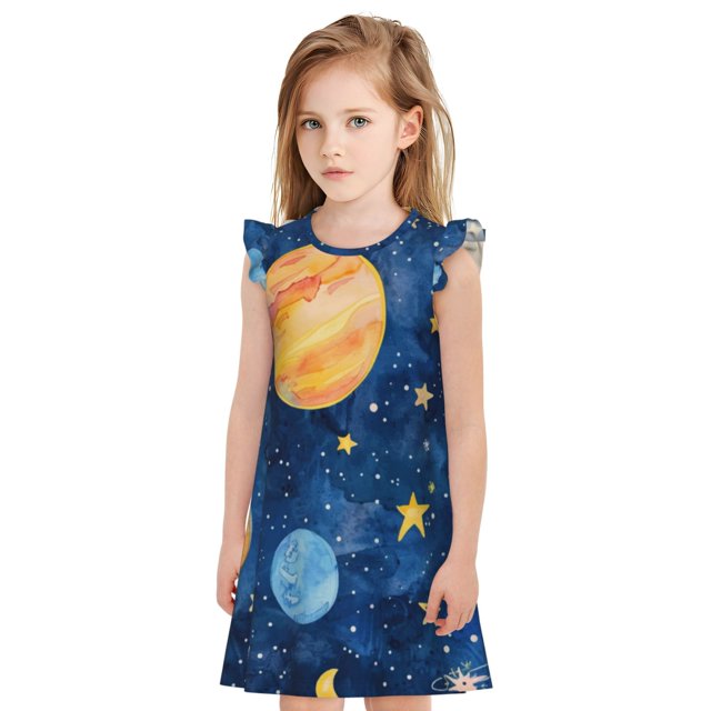 Fotbe Planets And Stars1 Vestido de Dormir para Niñas de 3 a 10 Años, Mangas Cortas, Estilo Princesa, Pijama Camisón con Mangas Voladas-Small