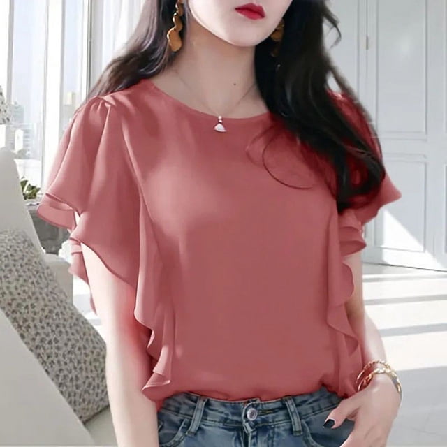 JUNWELL Summer Korean Style Oversized Ruffles Simple Chiffon Shirt Ladies Short Sleeve Loose All-match Top Women Casual Fashion Blouse
