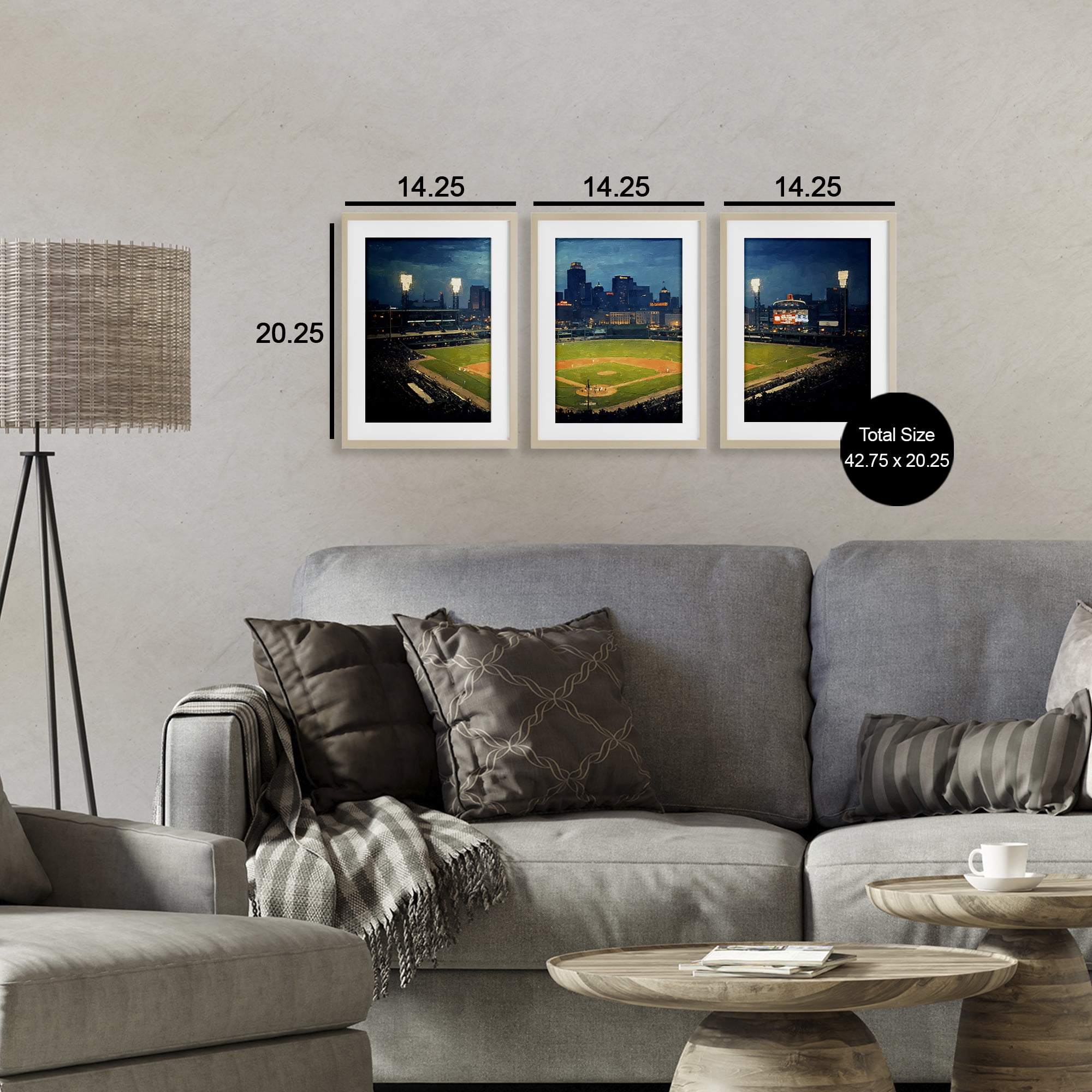 Stupell Industries Baseball Stadium Night View 3 Piece Birch Framed Print Under Glass Set, design by Arlington Prints