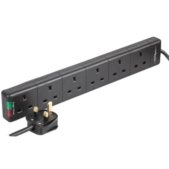 PRO ELEC - 6-Gang Surge Protected Extension Lead, Black, 2m Lead