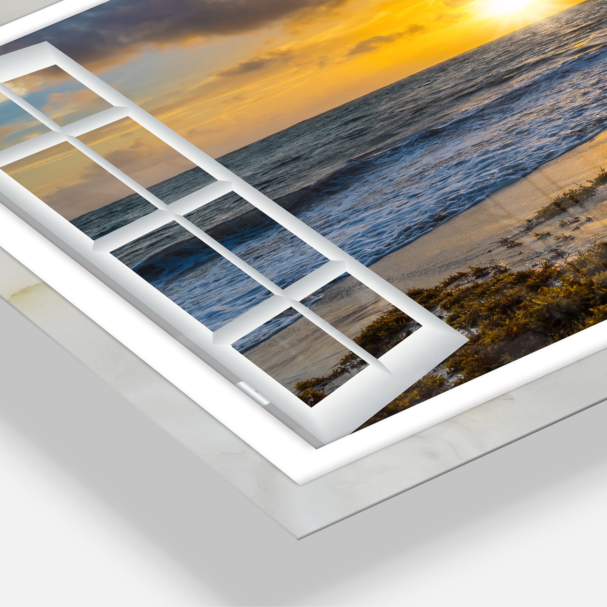 Designart 'Open Window to Bright Yellow Sunset ' Multipanel Modern Seascape Extra Large Metal Wall Art