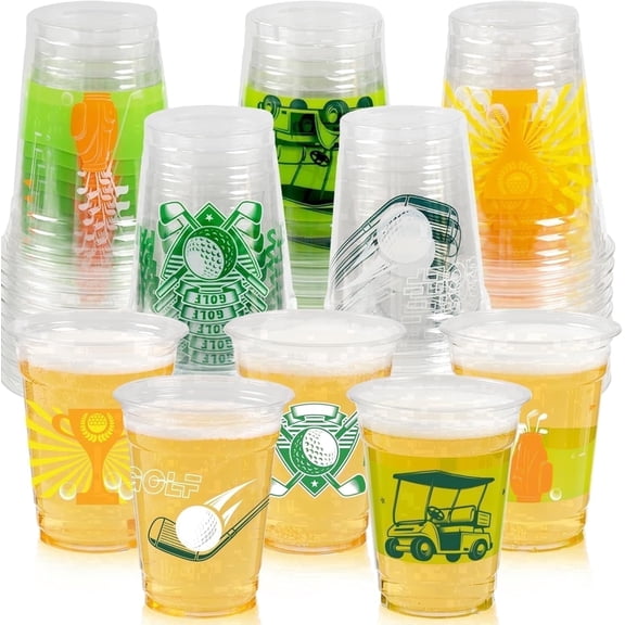 50 pack Golf Ball Party Cups - 12oz Clear Plastic Drinking Cups, Green Disposable Masters Golf Birthday Bachelor Party Supplies