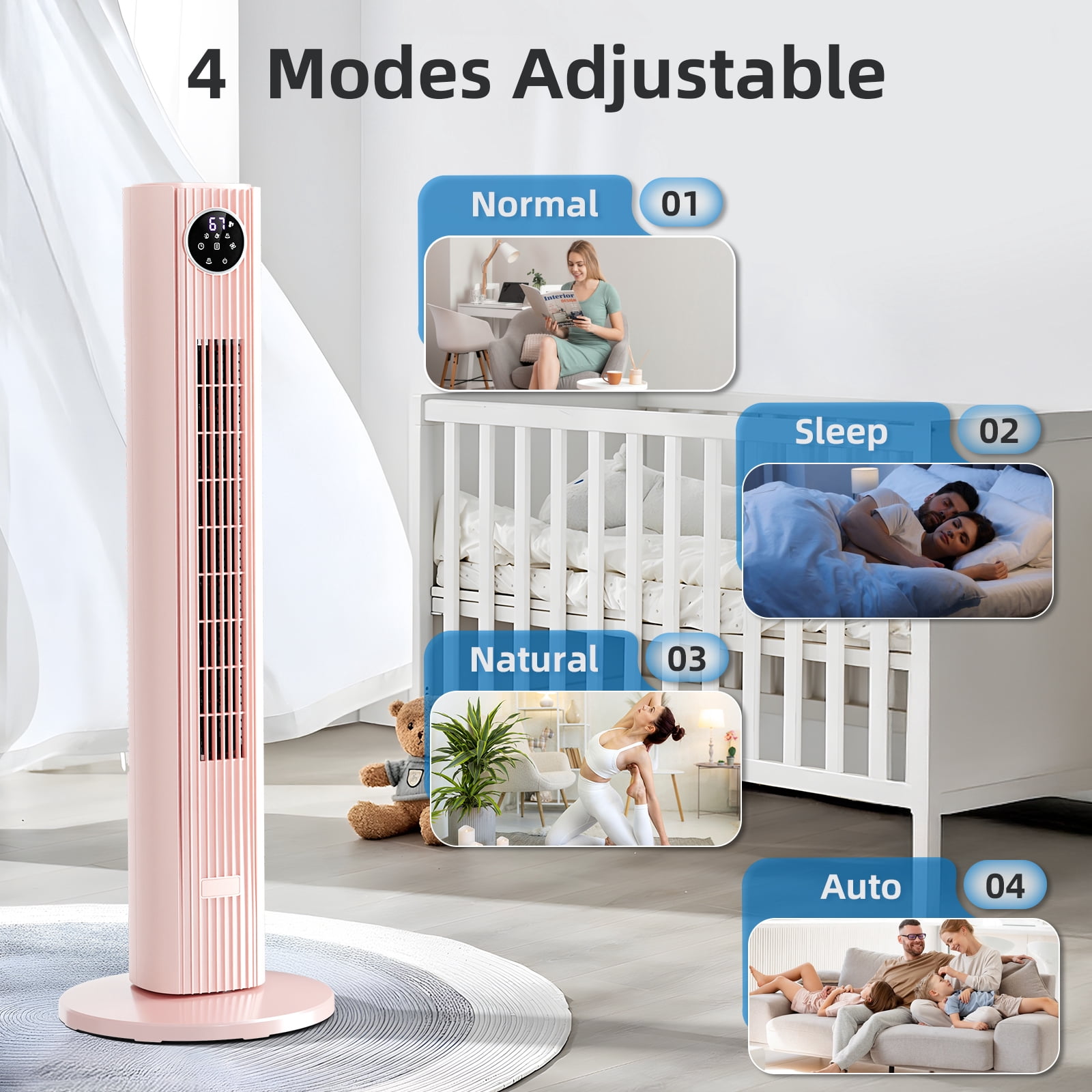 FREE VILLAGE 36 inch Tower Fan Portable Floor Fans,85°Oscillating Fan Quiet Cooling 12H Timer Remote Control Standing Bladeless Electric 3 Wind Speeds 4 Modes Bedroom Drom Office,Pink