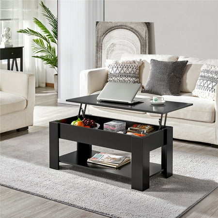 SMILE MART Modern 38.6" Wood Lift Top Coffee Table with Lower Shelf, Black