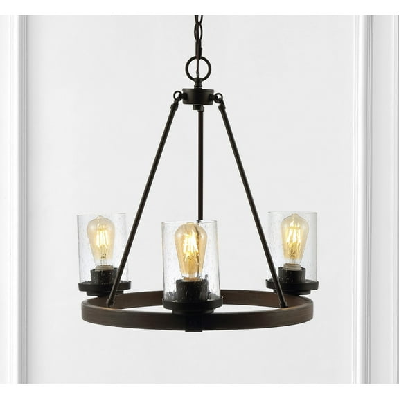 JONATHAN Y Coronet 20" 3-Light Iron/Seeded Glass Rustic Farmhouse LED Chandelier, Oil Rubbed Bronze, JYL7511A