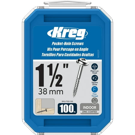 Kreg SML-F150-100 Zinc Pocket Screws, 1 1/2-Inch #7 Fine Thread, Maxi-Loc Head (100 Count)