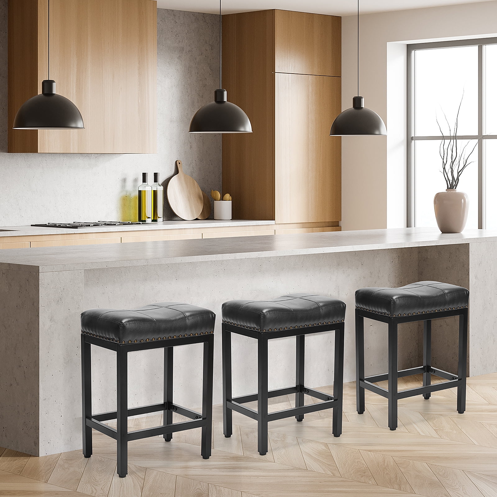 TrumanPick Saddle Bar Stool, Steel Frame with Footrest & Padded Seat for Kitchen Counter
