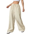thumbnail image 3 of Women Drawstring Striped Pants Loose Wide Leg Trousers Casual Low Waist Pants Comfy Lounge Pants with Pockets Yellow L, 3 of 9