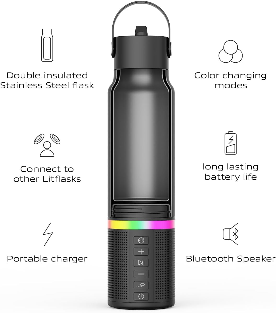 LITFLASK Smart Water Bottle with Premium Bluetooth Speaker, Black, Portable Charger, LED Light, Stainless Steel, Mix & Match Colors, 20oz - Oprah's Favorite Things 2024