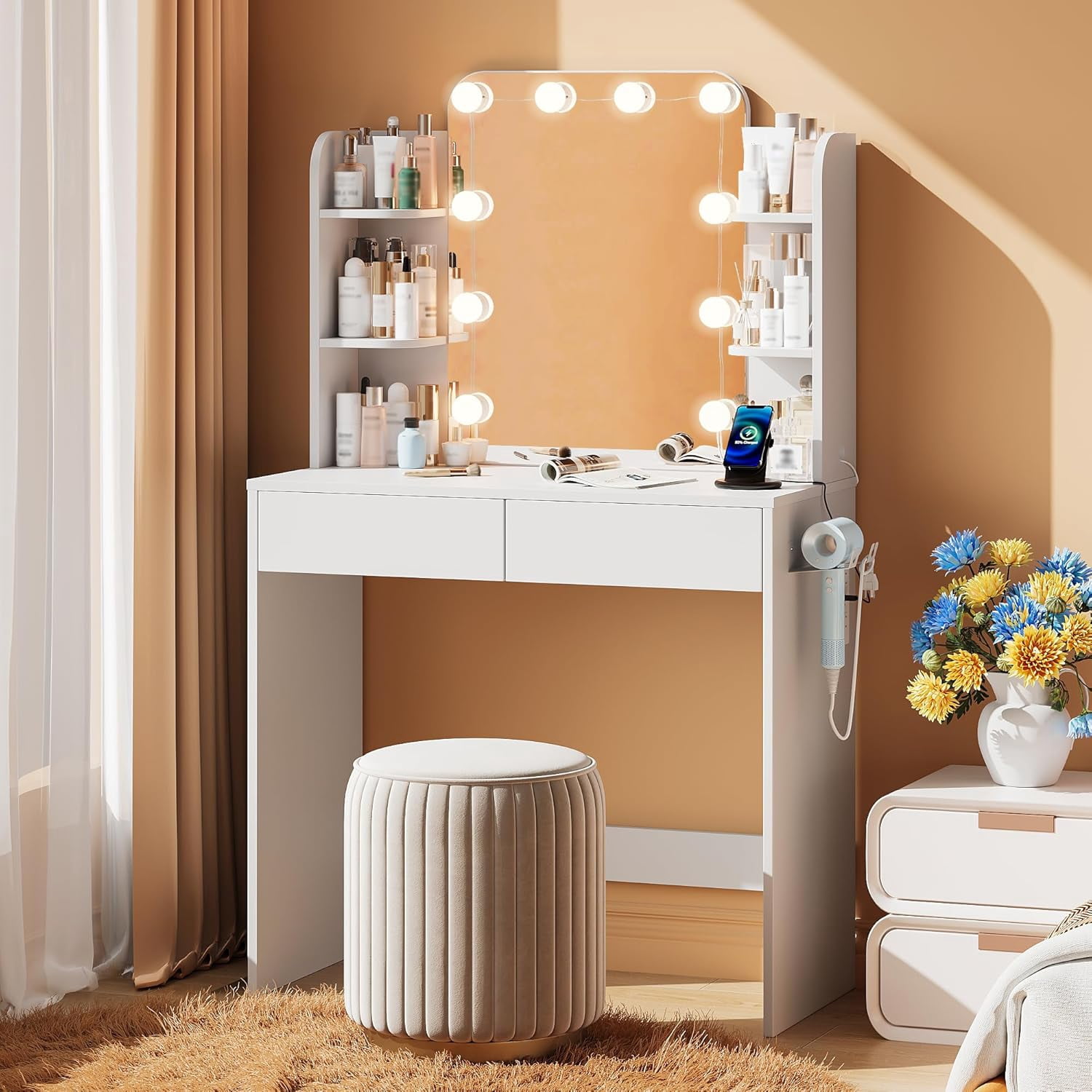 White Small Vanity Desk with Lighted Mirror and Power Outlet, Pipleo 31.5" Makeup Table with 2 Drawers & 6 Storage Shelves, Women Girls Vanity for Small Space, Easy Assembly