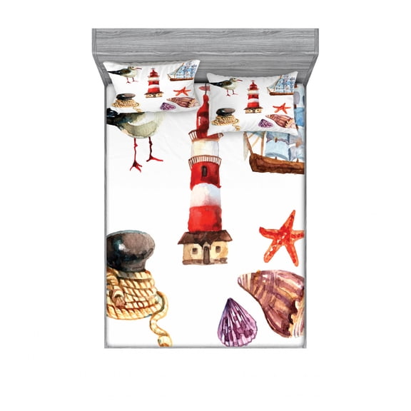 Nautical Bedding Set with Sheet & Covers, Nautical Theme Elements Seagull Boat Lighthouse Shell Starfish Island Watercolor, Printed Bedroom Decor 2 Shams, 4 Sizes, Multicolor, by Ambesonne