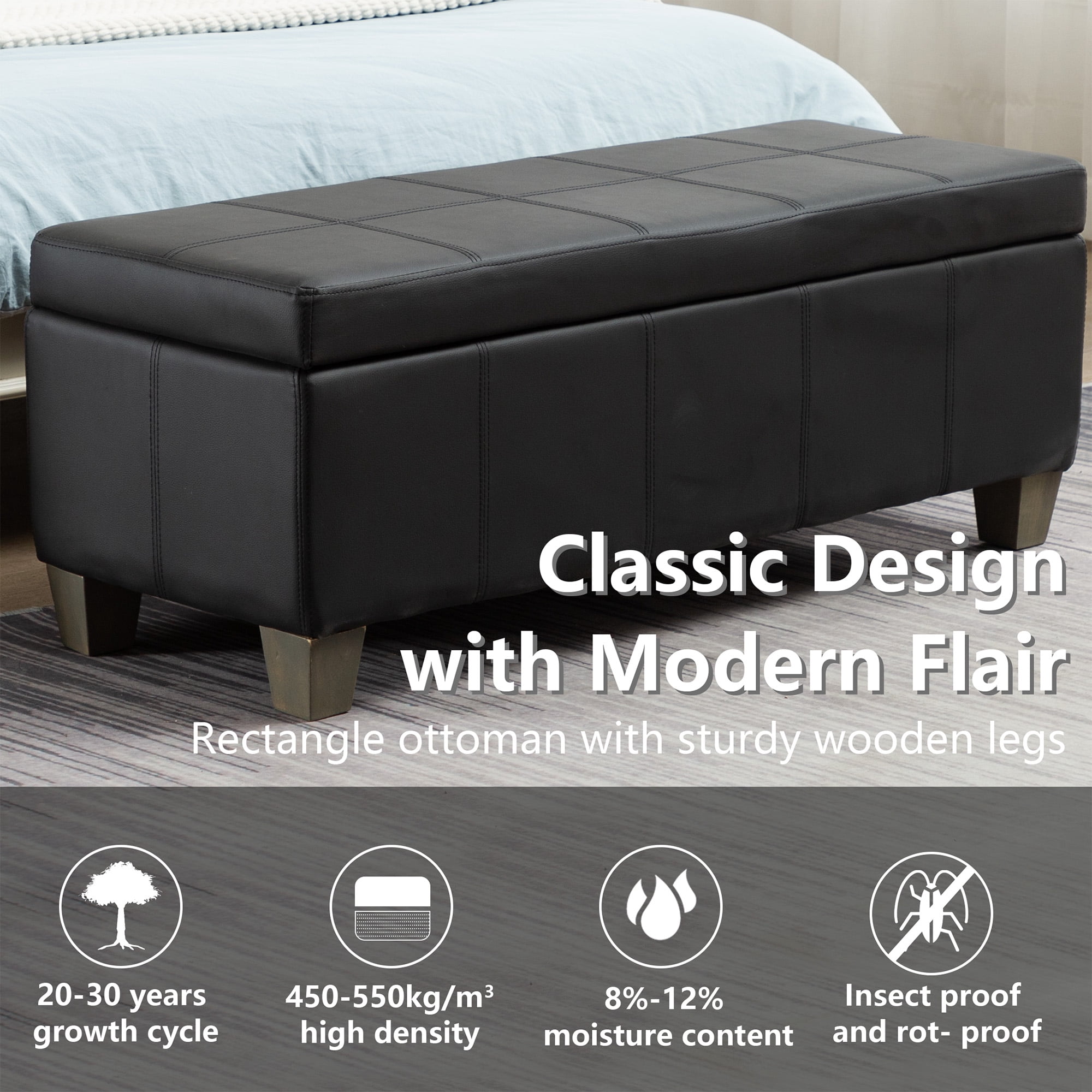 Foredo Rectangle Ottoman with Storage, Modern Faux Leather Bench with Solid Wood Legs, Ottoman for Living Room, Bedroom and Entryway, Black