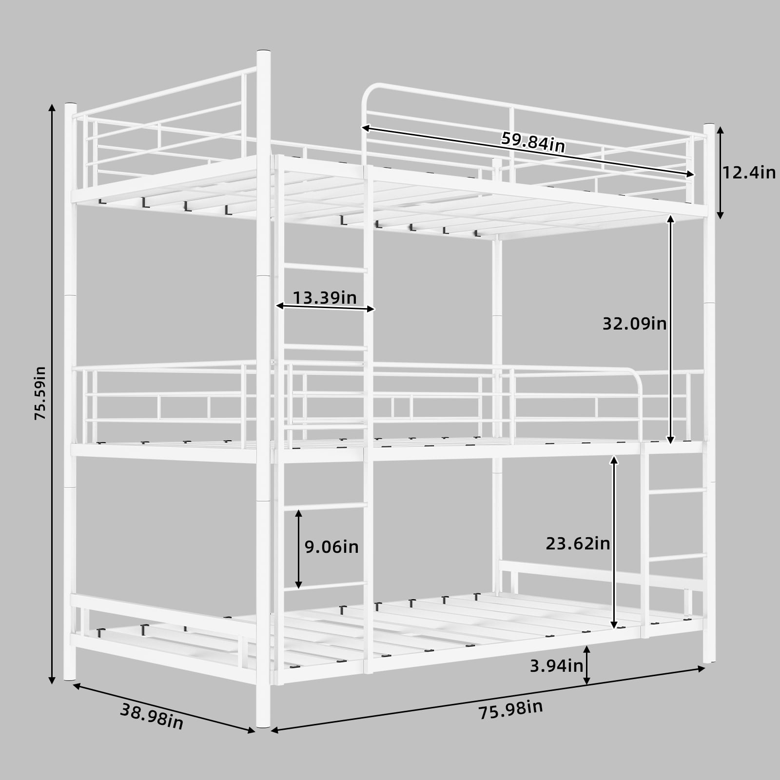 Alvantor Triple Bunk Bed Twin Over Twin Over Twin 3-in-1 Metal Bed Frame for Kids Teens with Ladders and Safety Guardrails White