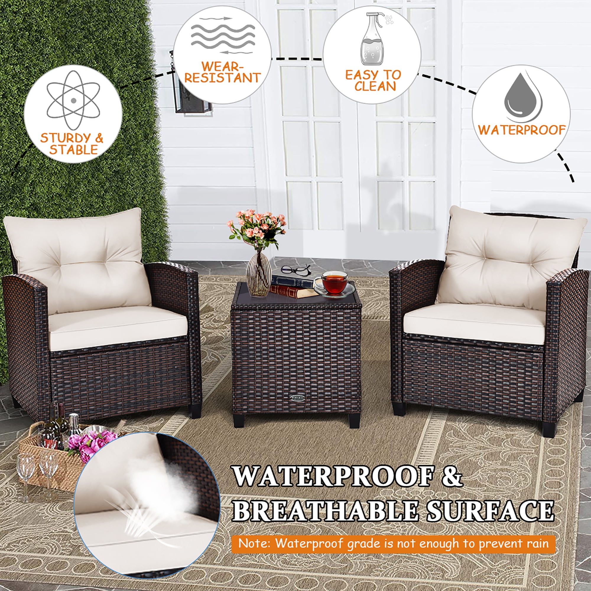 Costway 3PCS Patio Rattan Furniture Set Cushioned Sofa Coffee Table Garden off White