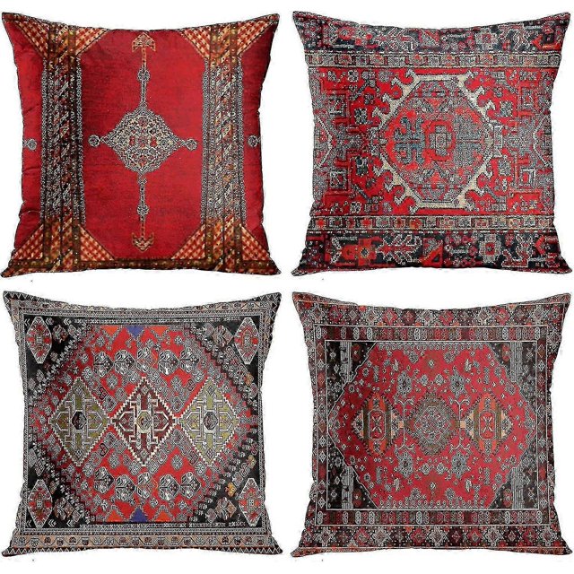 26-27 Dww-4 Piece Set Vintage Red Floral Turkish Persian Rug Linen Cushion Cover Home Cushion Cushion Pillow Cover Geometric Persian Kilim Home Decor