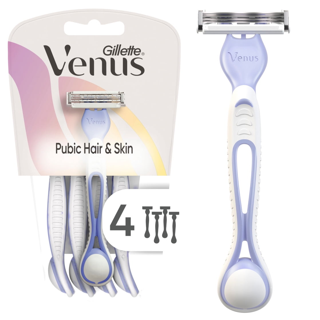 Venus for Pubic Hair & Skin Women's Disposable Razor, 4 count, Multi-Color
