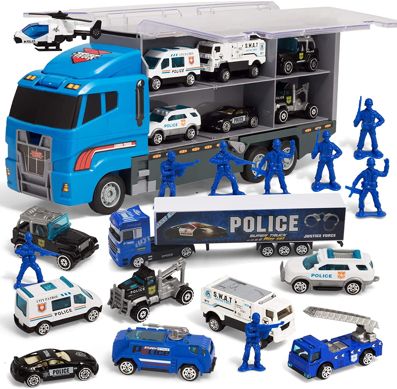 JOYIN 10 in 1 Die-cast Police Patrol Rescue Truck Mini Police Vehicles  Truck Toy Set in Carrier Truck