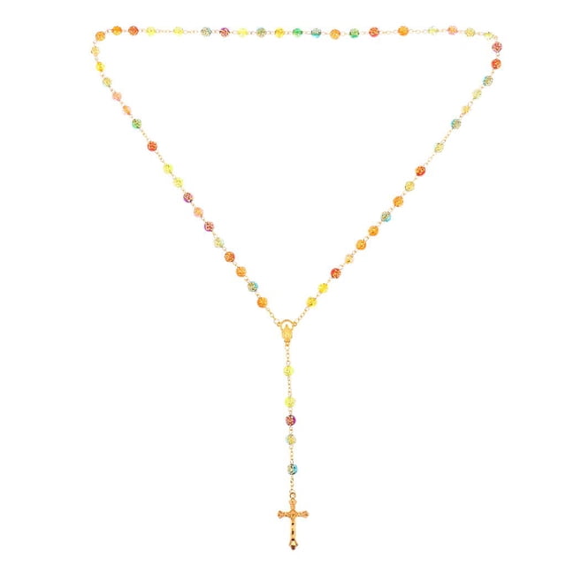 Pendentif Collet Croix Prière Main Jésus Hanche 6mm Fleurs Roses Perles Bijoux
