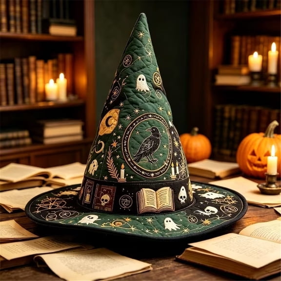Halloween Printed Quilted Witch Hat, Foldable Wide‑Brim Wizard Cosplay Party Hat