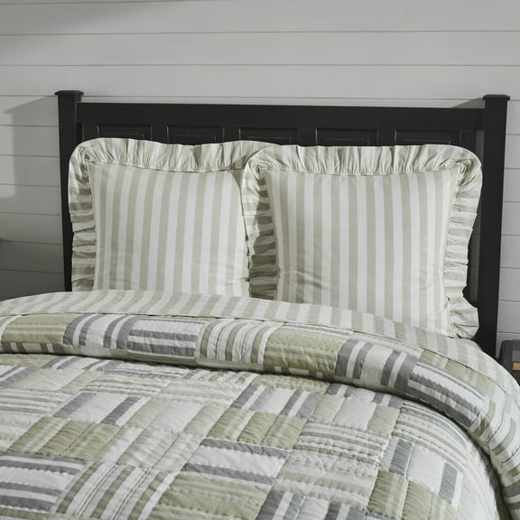 VHC Brands Finders Keepers Ruffled Fabric Euro Sham for Pillows Tan White Striped Farmhouse Cottage Bedding 26x26