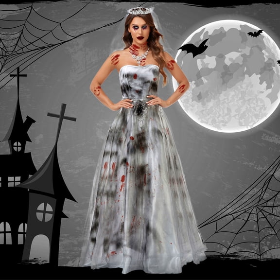 HOWPAY Halloween Dresses For Women Zombie Ghost Bride Dress Cosplay Costume Scary Fancy Outfit For Women Halloween Masquerade Party Event Halloween Costumes M