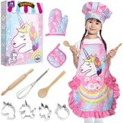 Vanmor  Kids Cooking and Baking Set, 11Pcs Kids Aprons for Girls, Kids Chef Hat and Pink Apron, Mitt & Utensil for Toddler Dress Up Chef Costume Birthday Gifts