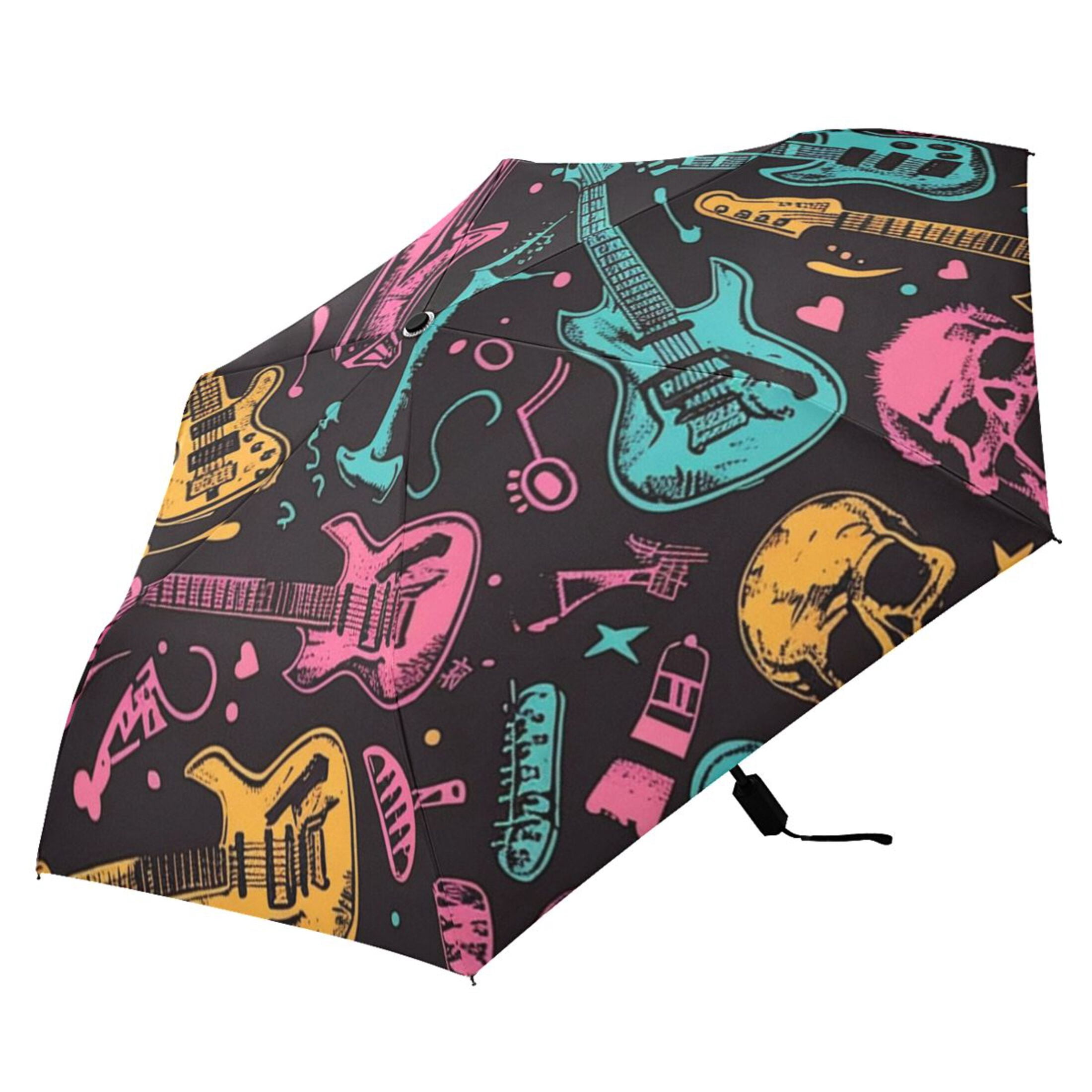 ALAZA Skull and Guitars UPF 50+ Compact Folding Umbrella for Rain Travel Umbrella Packable