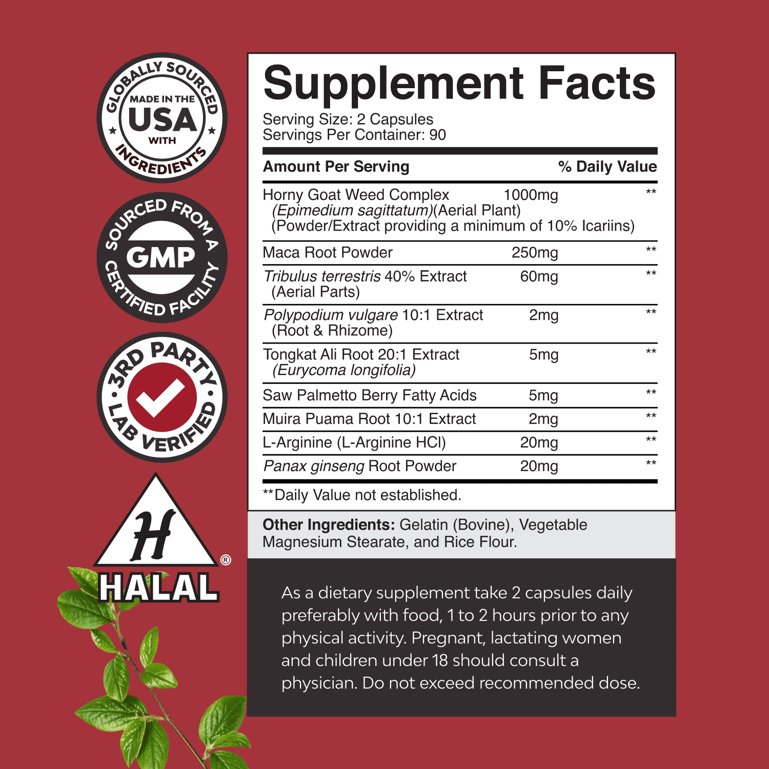 Natures Craft Extra Strength Horny Goat Weed Capsules for Men with Black Maca Root & Tongkat Ali, 90 Count