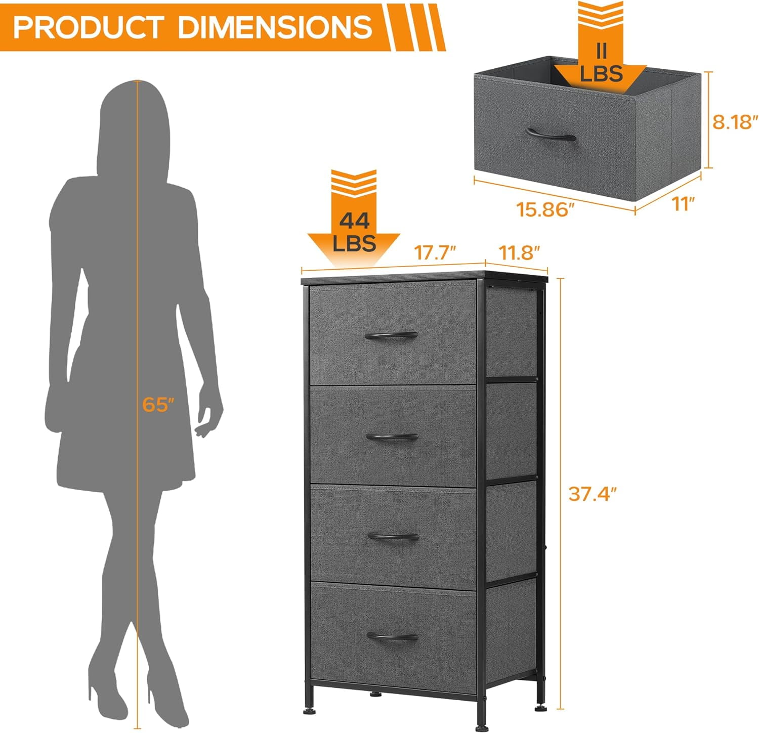 4 Drawer Dresser, Tall Chest Of Drawers Nightstand Storage Tower Storage Dresser Fabric Dresser With Wood Top for Living Room, Bedroom, Hallway,Grey