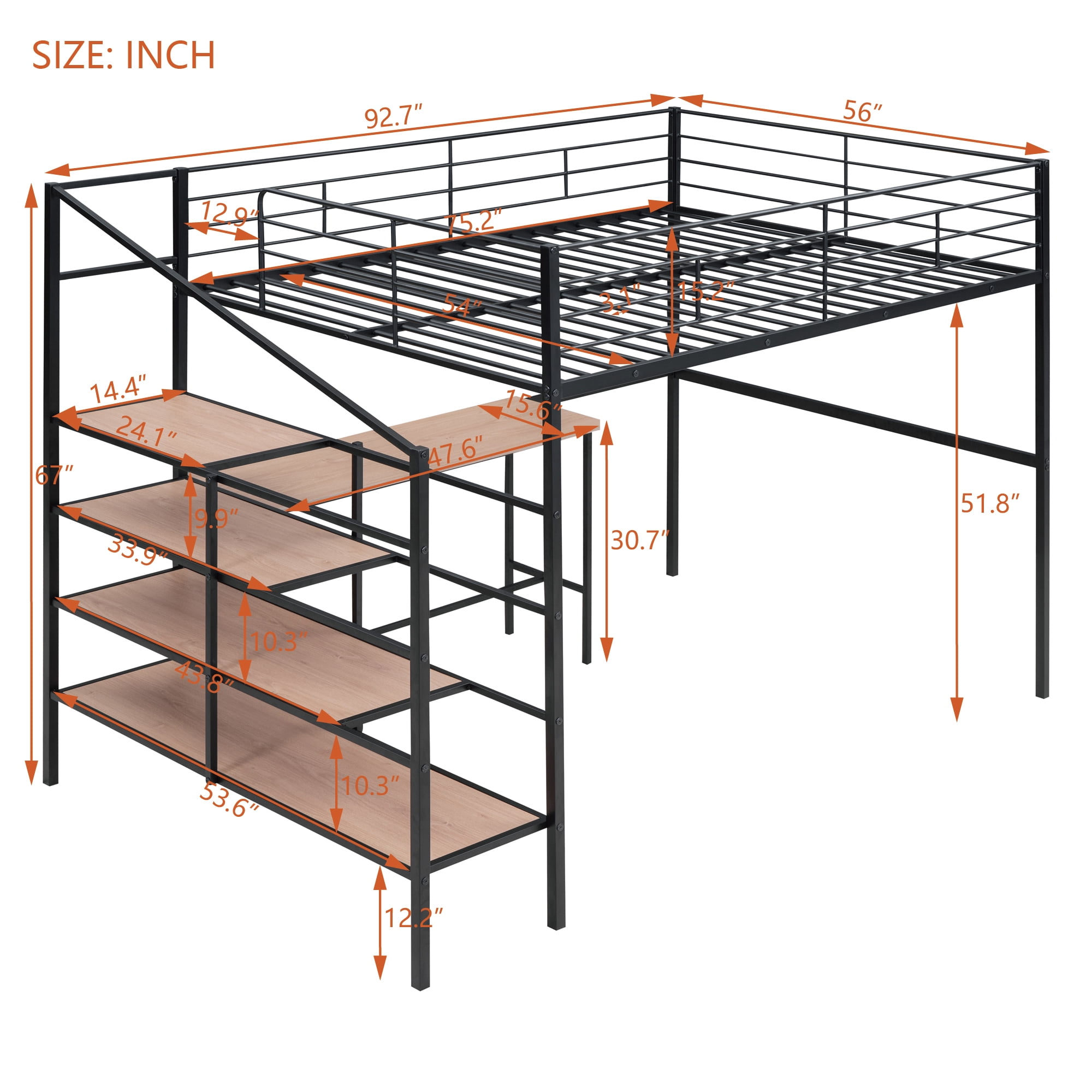Full Size Loft Bed with Desk and Lateral Storage Ladder,Metal Loft Bed for Kids,Black