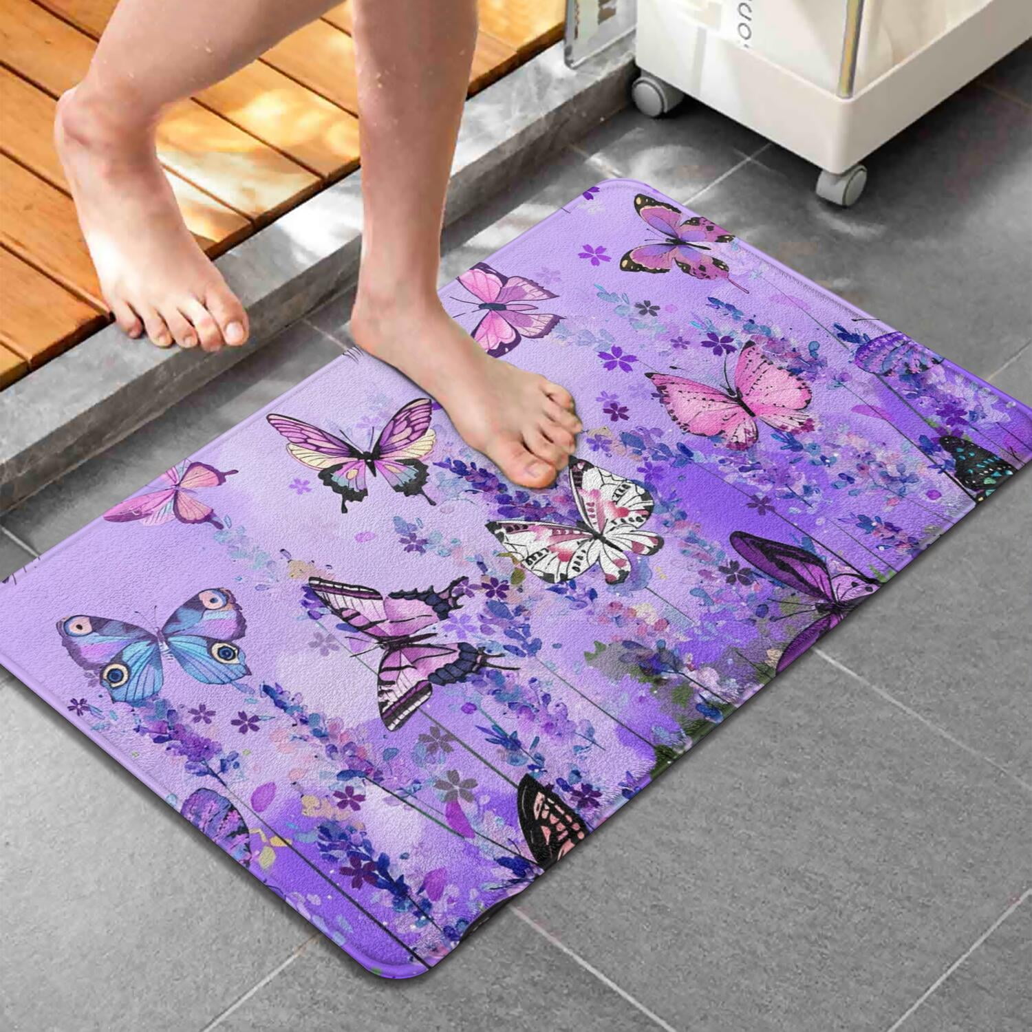 Purple Lavender Butterfly Scene Bathroom Rugs Mat,Non Slip Microfiber Bathroom Rug,Rubber Backing,Soft Bathroom Mats for Bathroom Floor,Tub and Shower,20x32in(50x80cm)