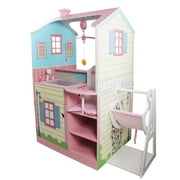 Classic Double-Sided Baby Doll Nursery Station Dollhouse Combo with Baby Doll Swing Chair, Pink/Beige