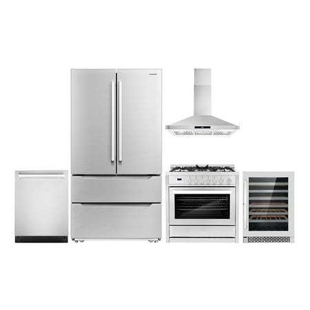 Cosmo 5 Piece Kitchen Appliance Package with 36  Freestanding Gas Range 36  Wall Mount Range Hood 24  Built-in Fully Integrated Dishwasher French Door Refrigerator & 48 Bottle Wine Refrigerator