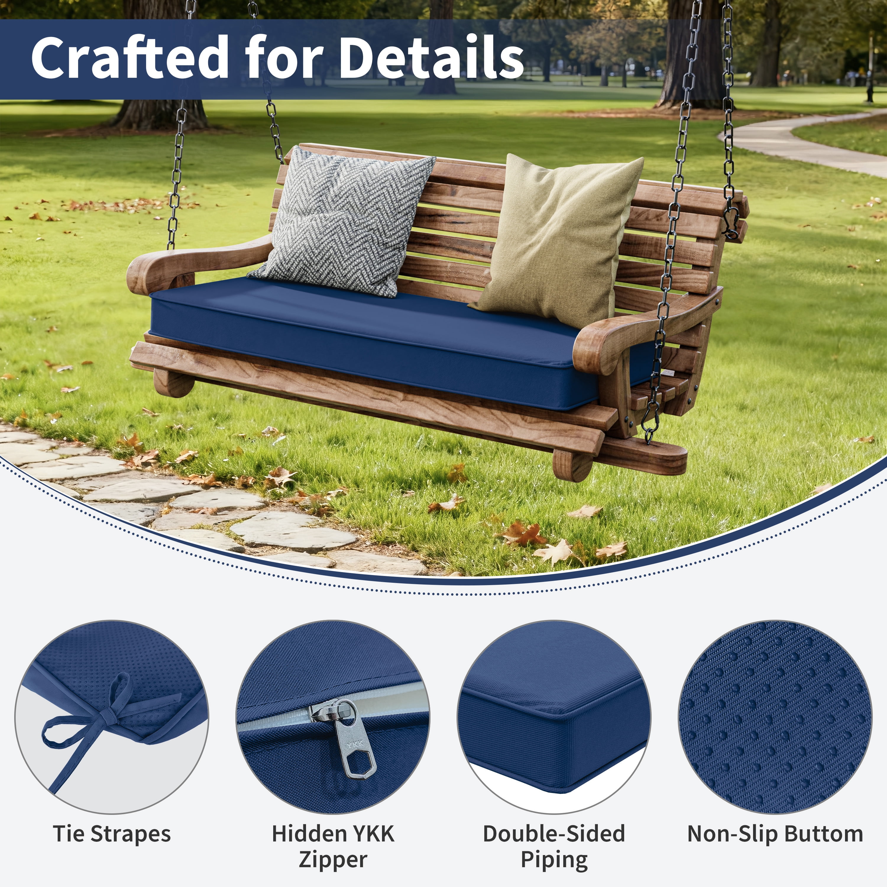 Kimunuk Outdoor Bench Cushions 42 x 18 x 3.5 Inch, High Density Foam Bench Seat Cushion, Porch Swing Cushion with Non-Slip Removable Cover, Blue