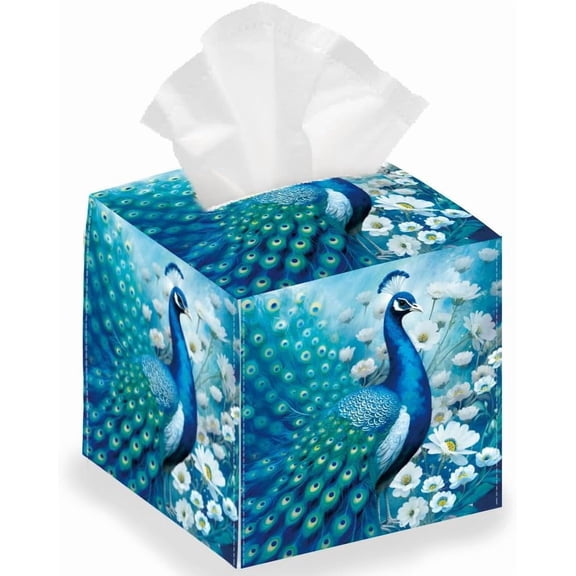 Flower Peacock Tissue Storage Box Square Foldable Tissue Box Holder Waterproof Leather Paper Towel Case Cover Container Organizer for Bedroom Office Car 13 * 13 * 13cm diy