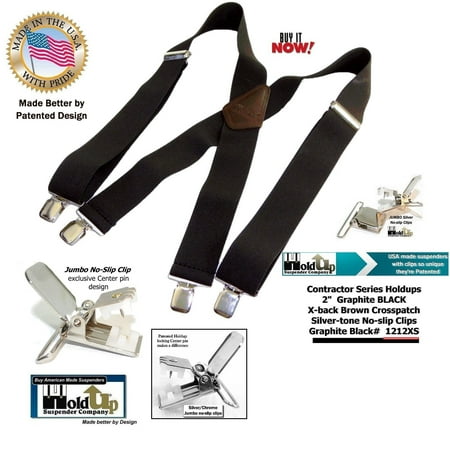 Holdup Suspenders in Wide heavy duty Graphite Black color are USA made in X-back Style with Patented No-slip Jumbo Silver