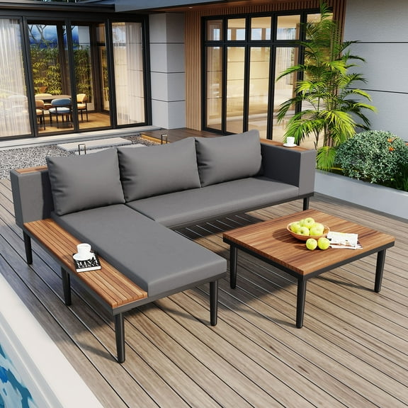 Luxury Patio Furniture Set with Removable Cushions and Coffee Table, L-Shaped Acacia Wood Sofa with Side table, Outdoor Conversation Sectional Sofa for Backyard, Porch (Gray)