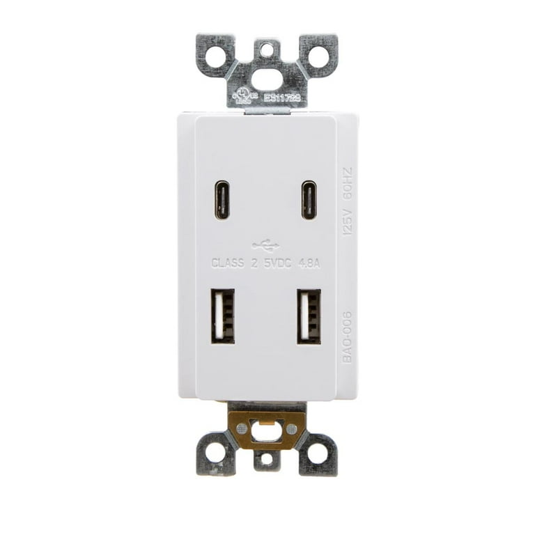 4.2A/5.8A Dual USB Port Wall Outlet Socket USB-C Charger Receptacle w/  Plate UL