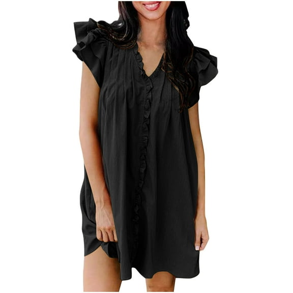 ShomPort Ruffle Sleeve Cute Dress for Women Summer Loose Mini Dresses V-Neck Pleated Sundresses