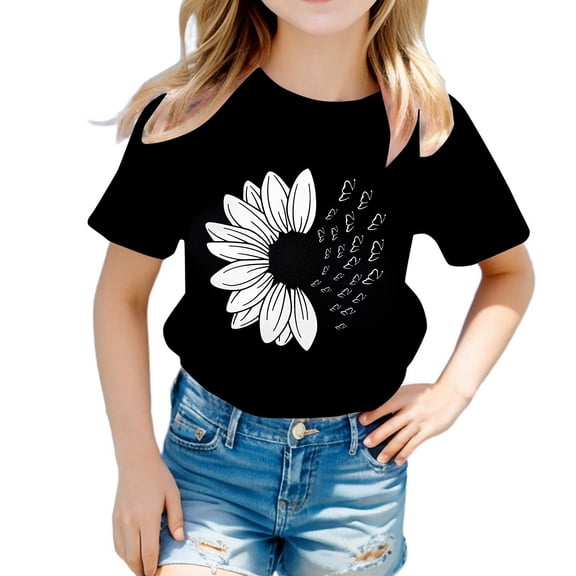 Tiijoy Girls Short Sleeve T Shirt Sunflower Print Crewneck T-Shirt Summer Tee, Sizes 18-24 Months